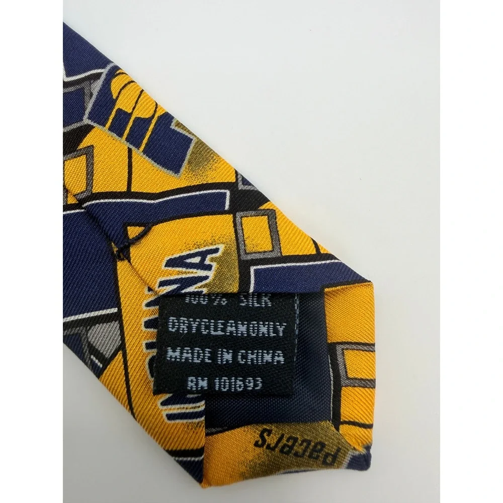 NBA Indiana Pacers Silk Necktie Navy Blue Yellow Geometric Logo Print Men Tie